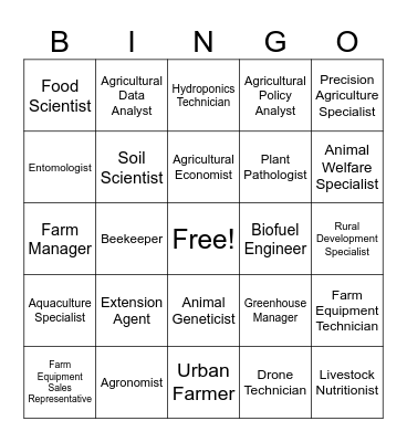 Ag Careers Bingo Card