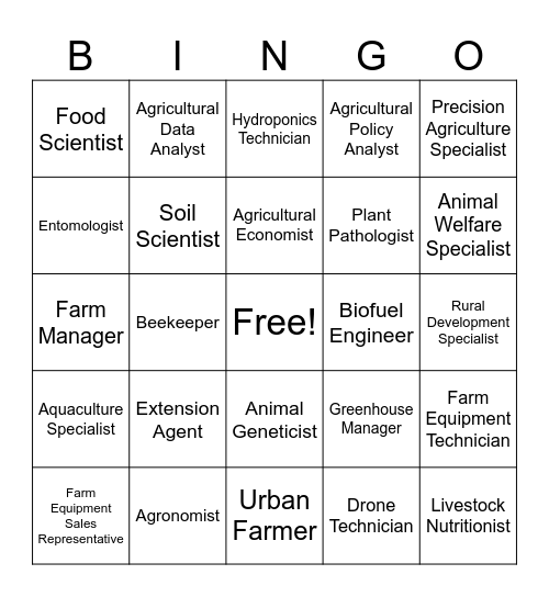 Ag Careers Bingo Card