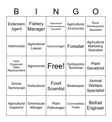 Ag Careers Bingo Card