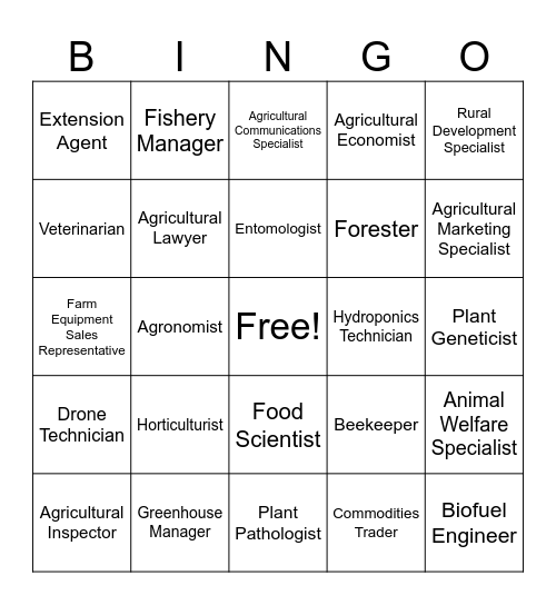 Ag Careers Bingo Card