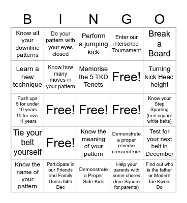 Haechi Tae Kwon-Do Bingo Fall 2024 Bingo Card