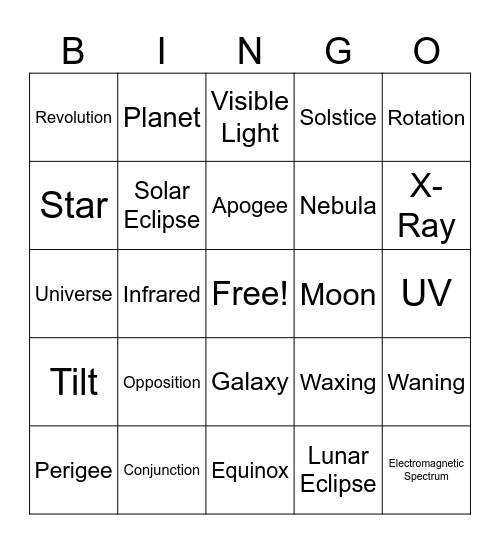 Astronomy Bingo Card