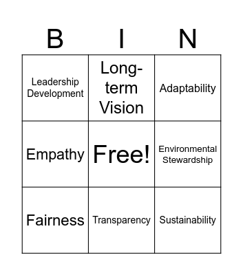 Leadership Values Bingo Card