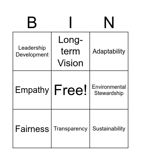 Leadership Values Bingo Card