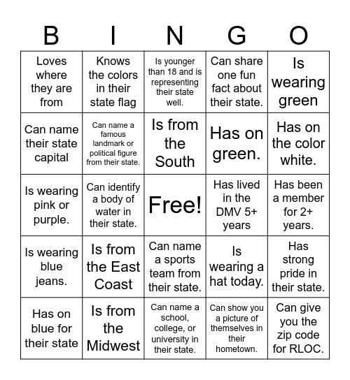 RLOC Roll Call Bingo: Find Someone Who.. Bingo Card