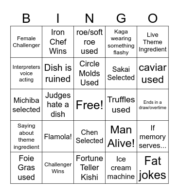 Iron Chef Bingo Card