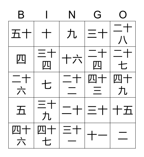 Chinese Number Bingo Card