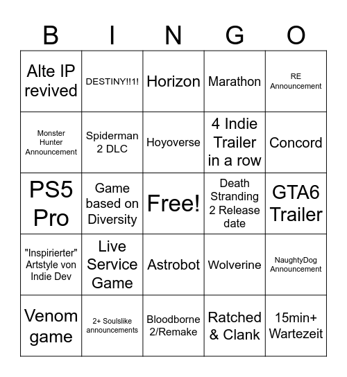 State of Play September 2024 Bingo Card