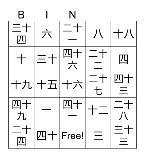 Chinese Numbers 1-50 Bingo Card