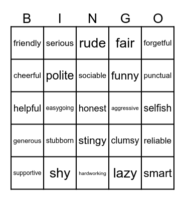 Personality Bingo Card