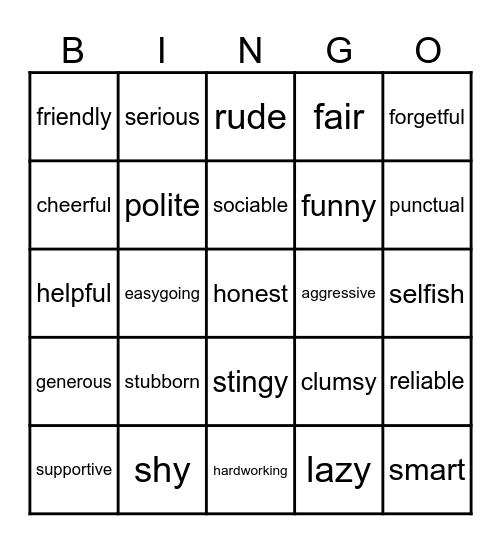 Personality Bingo Card
