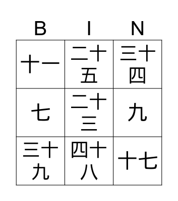 Chinese Numbers 1-50 Bingo Card