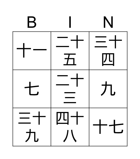 Chinese Numbers 1-50 Bingo Card