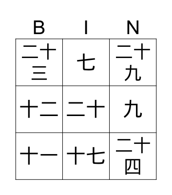Chinese Numbers 1-50 Bingo Card