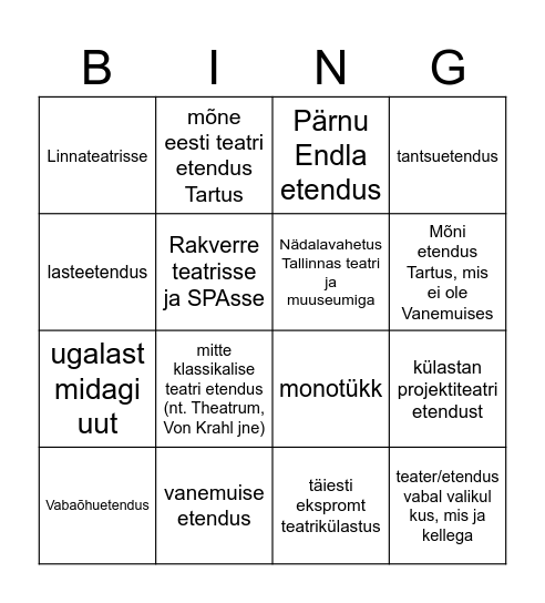 Et vaim püsiks- lähme teatrisse! Tähtaeg juuni 2025 Bingo Card