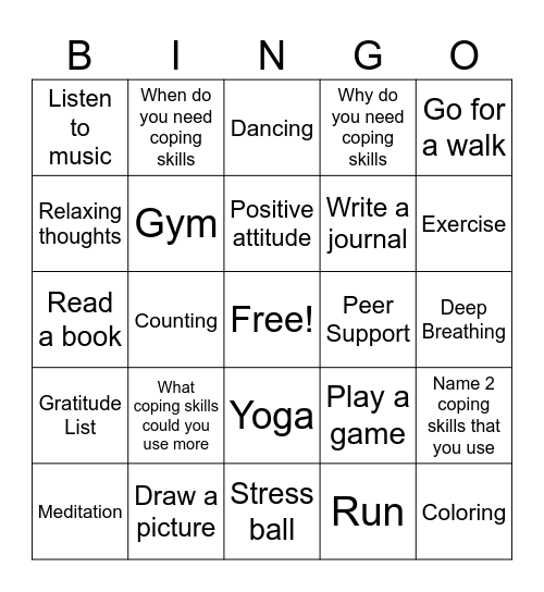 Coping Skills Bingo Card