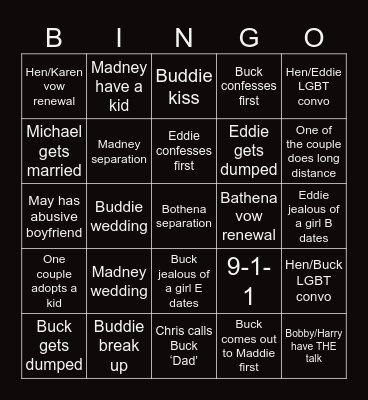 9-1-1 Relationships Bingo Card