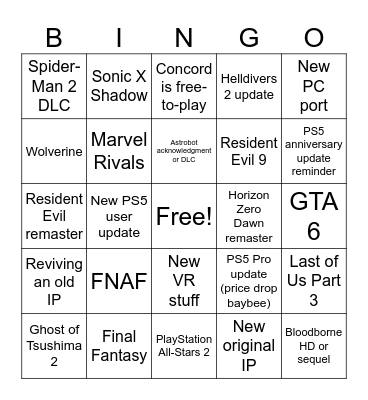 State of Play Bingo Card