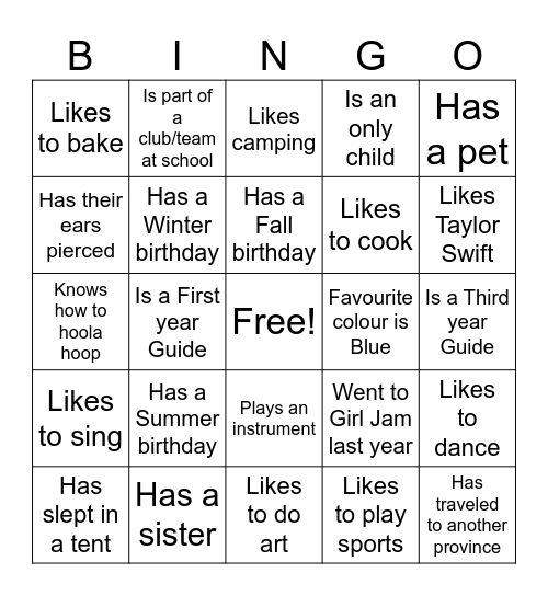 Get-to-know-you Bingo Card