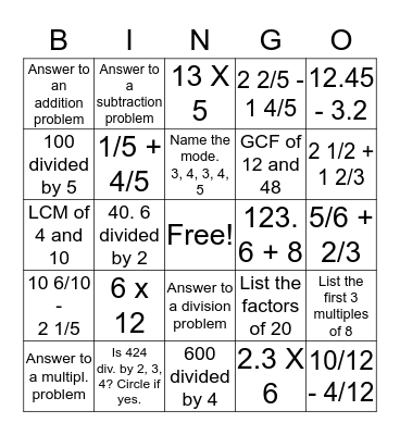 Math Bingo Card