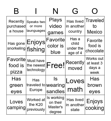 K20 Center People Bingo Card