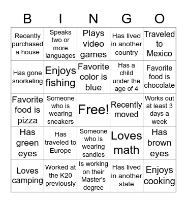 K20 Center People Bingo Card