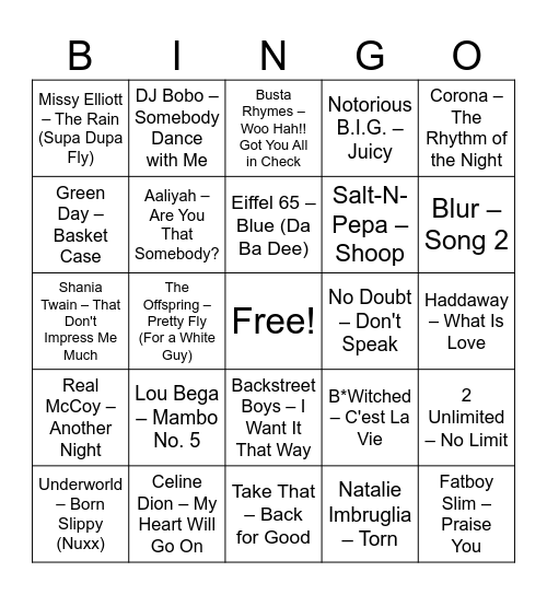 90’er musikbingo Card