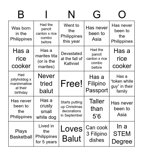 Filipino Society Bingo Card