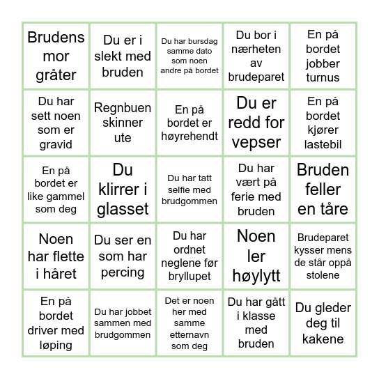 Bryllupsbingo Card