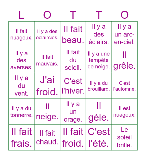 La météo Bingo Card