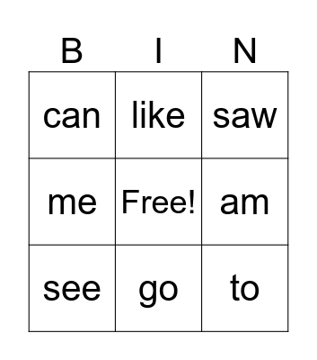 Sight Words Bingo Card