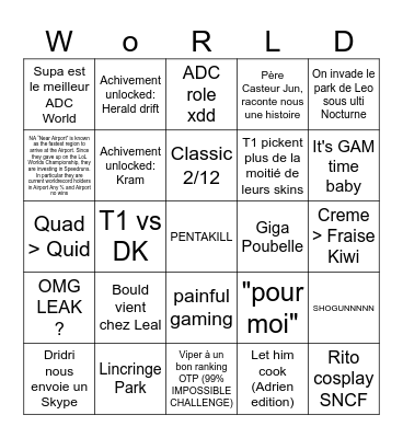 Worlds LoL 2024 Bingo Card