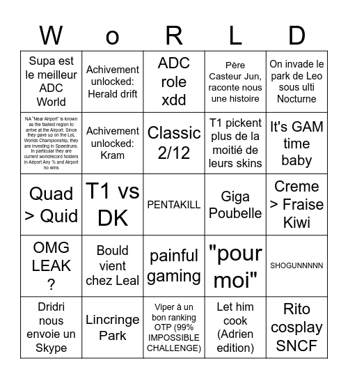 Worlds LoL 2024 Bingo Card