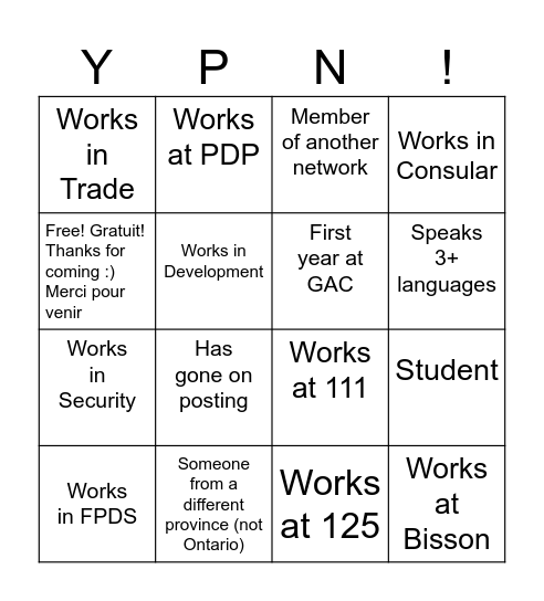 YPN Speed Networking Bingo Card