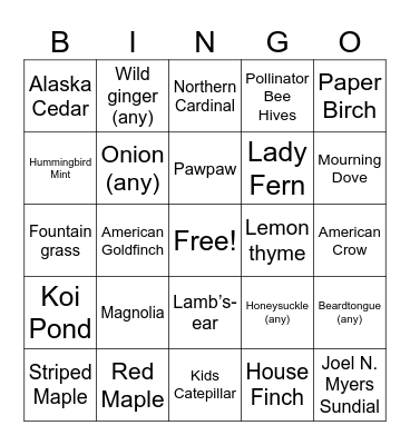 Arboretum Bingo Card