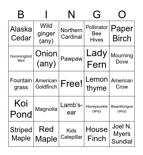 Arboretum Bingo Card