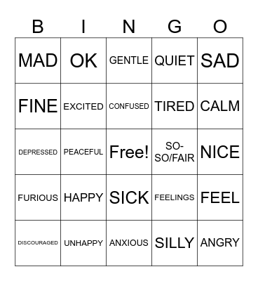 Unit 1 Emotions/Feelings Bingo Card