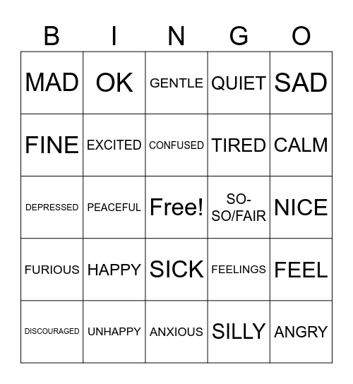 Unit 1 Emotions/Feelings Bingo Card