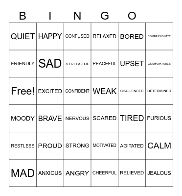 Unit 1 Feelings and Emotions Bingo Card