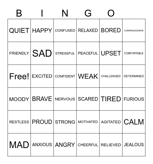 Unit 1 Feelings and Emotions Bingo Card
