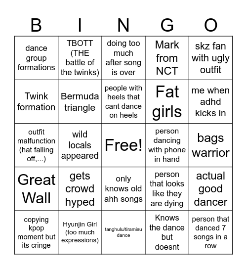 Random Play Dance Bingo Card