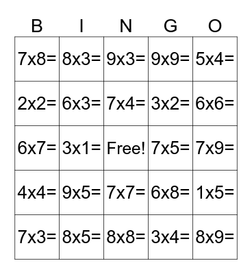 Multiplication Bingo (Call List) Bingo Card