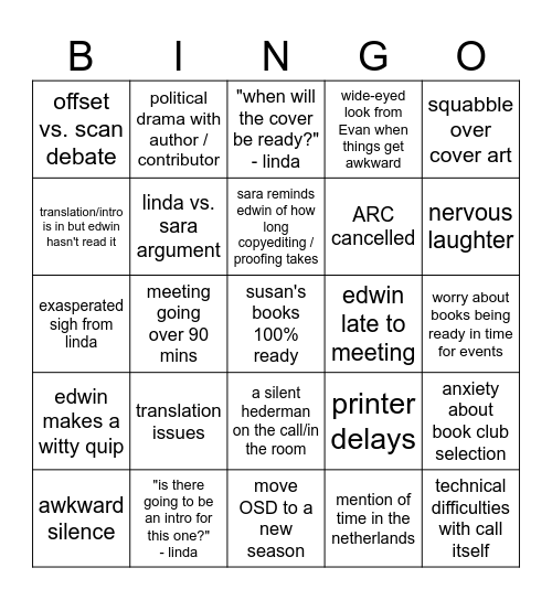 Production Meeting Bingo Card