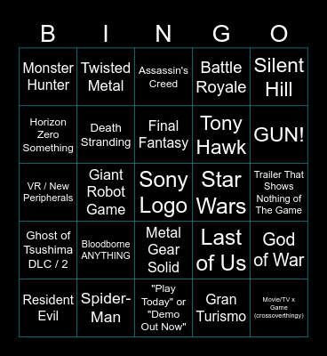 Sony Showcase 2024 Bingo Card