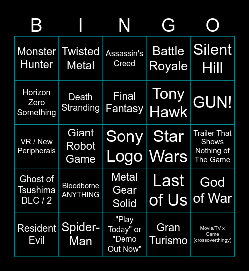 Sony Showcase 2024 Bingo Card