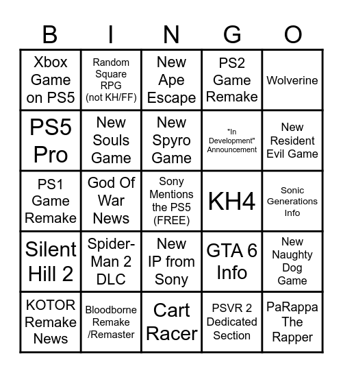 PS5 State Of Play 9/24/2024 Bingo Card