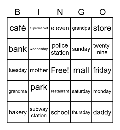 Places in Town Bingo Card