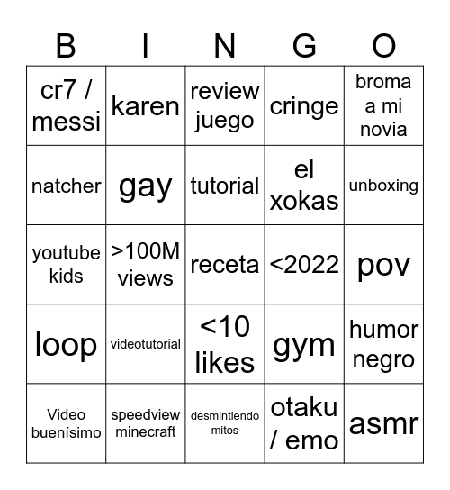 shorts Bingo Card