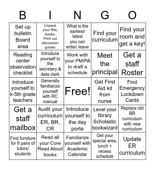 RP Center setup Bingo Card