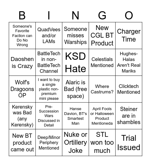 BattleTech Discord Bingo 2.0 Bingo Card